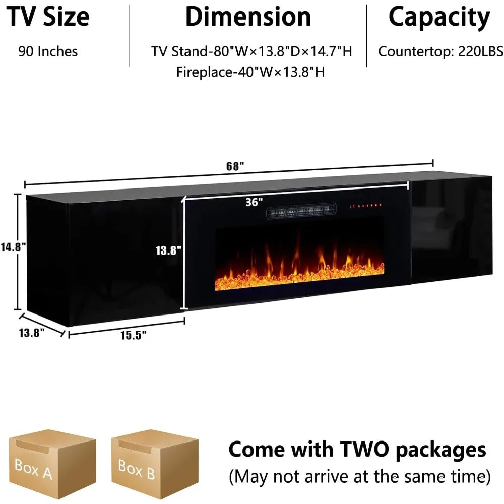 Floating TV Stand with 36" Electric Fireplace, High Gloss Finish Wall Mounted Fireplace Entertainment Center with Storage for T