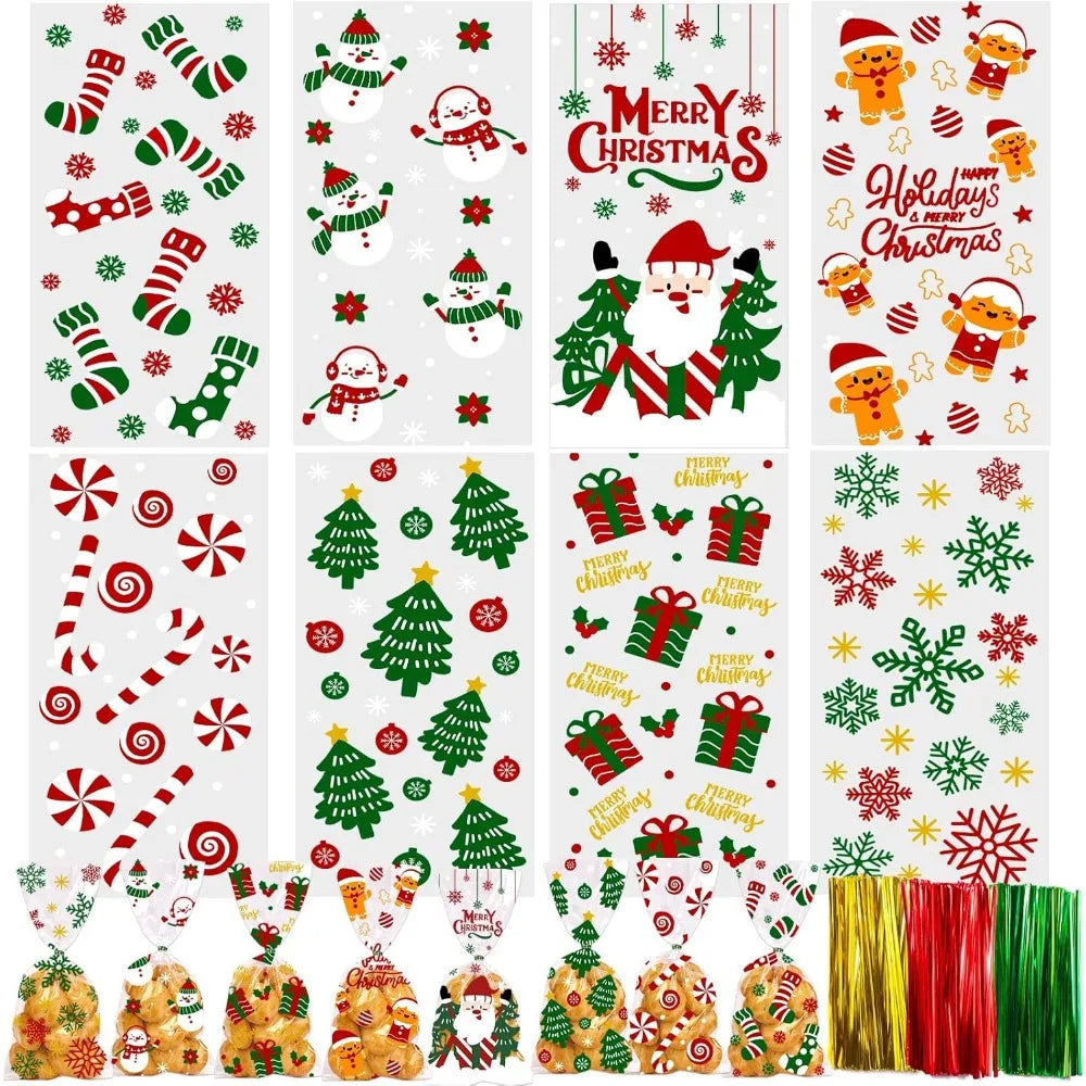 Christmas Cellophane Treat Bags With Twist Ties Santa Theme