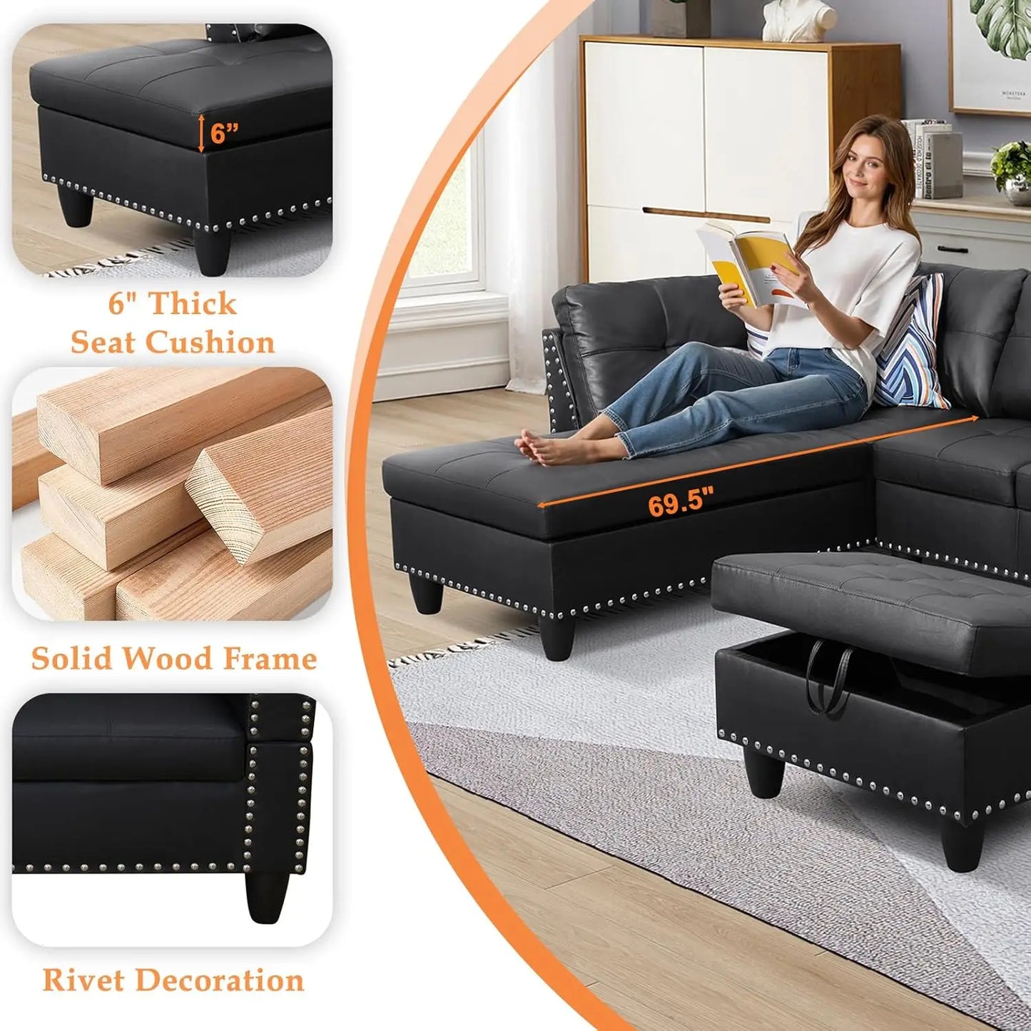 XMSJ Sectional Sofa Modern PremiumQuality SyntheticLeather Living Room Chaise Ottoman