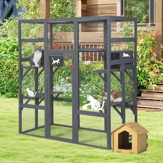 70Inches Large Stable Spacious Wooden Catio Outdoor Cat Enclosure with Perches and Condos, Cat Cage Indoor with Waterproof Roof