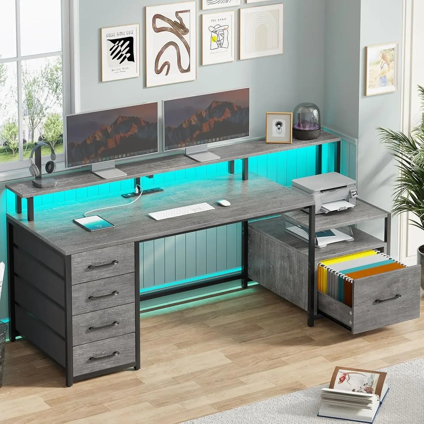 High Concerned Power Outlet Desk With File Drawer Shelves