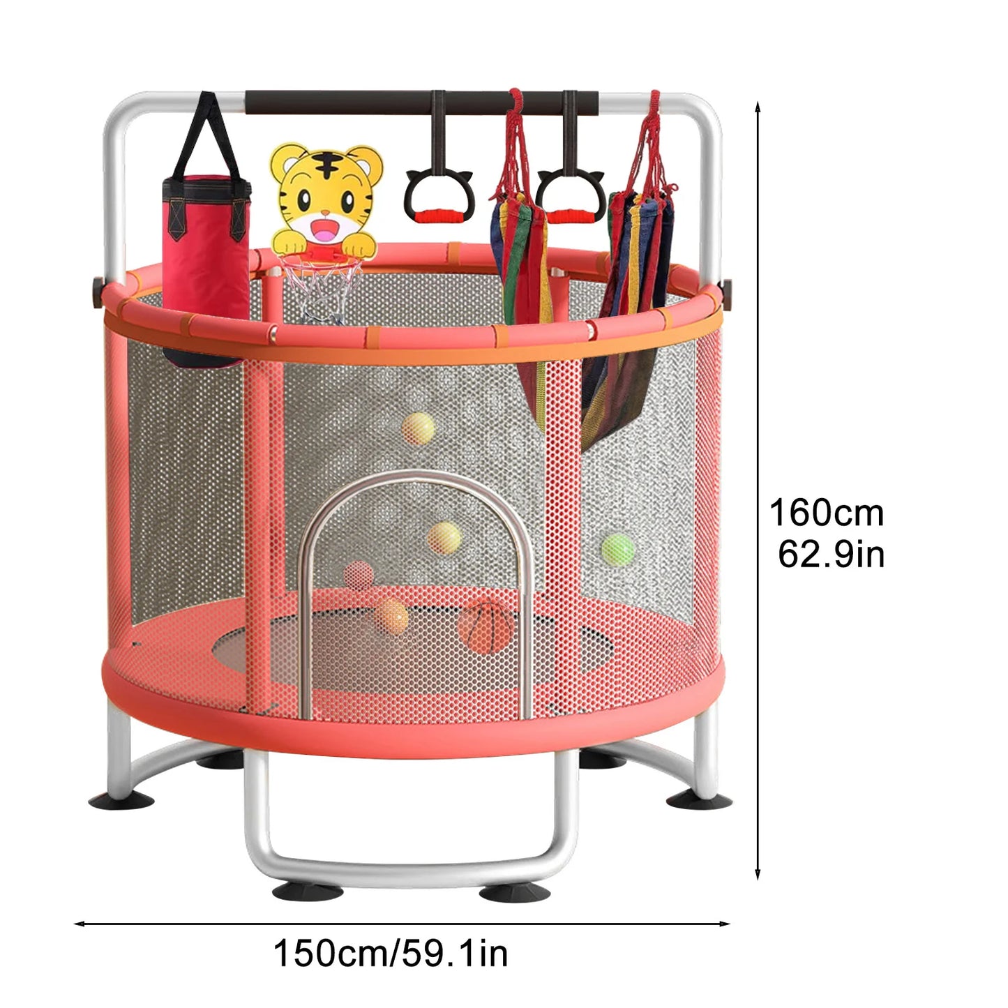 Kids Trampoline Adjustable Baby Toddler Trampoline with Basketball Hoop, Swing, Sandbag, Ocean Balls, Enclosure Net
