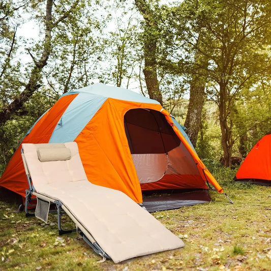 Camping Cot, 27” Lounge Chair Outdoor w/Mattress, Headrest, Side Pocket & Carry Strap, 3 in 1 Folding Layout Tanning Loung|