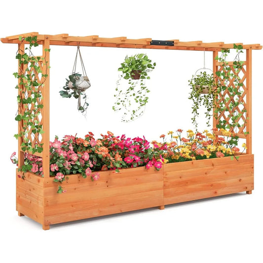Giantex Raised Garden Bed with Trellis & Hanging Roof, Wood Planter Box with Bottom and Drainage Holes, Freestanding Garden Plan