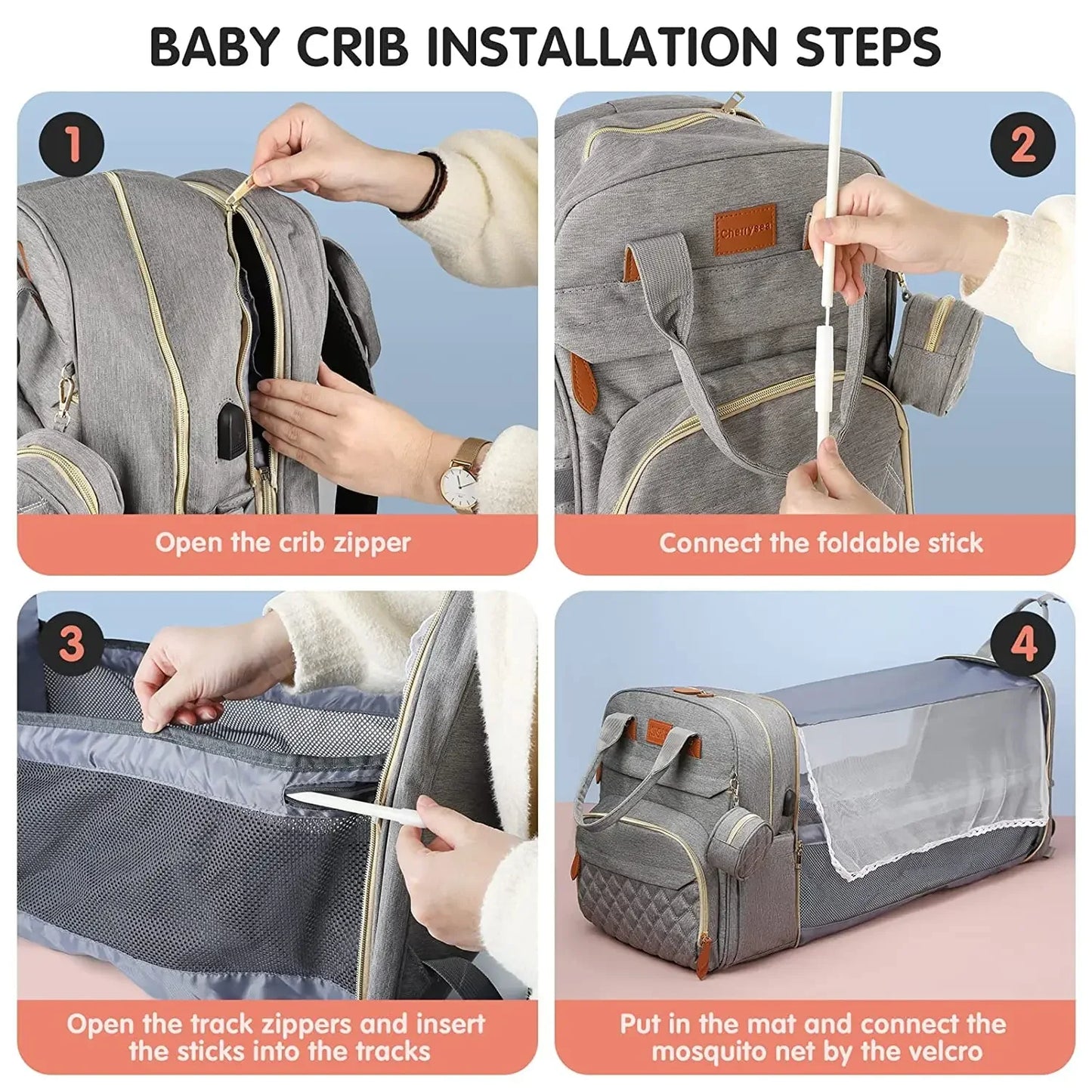 3In1 DiaperBagBackpack With FoldableBabyBed USBCharge Waterproof Multifunctional Traveler