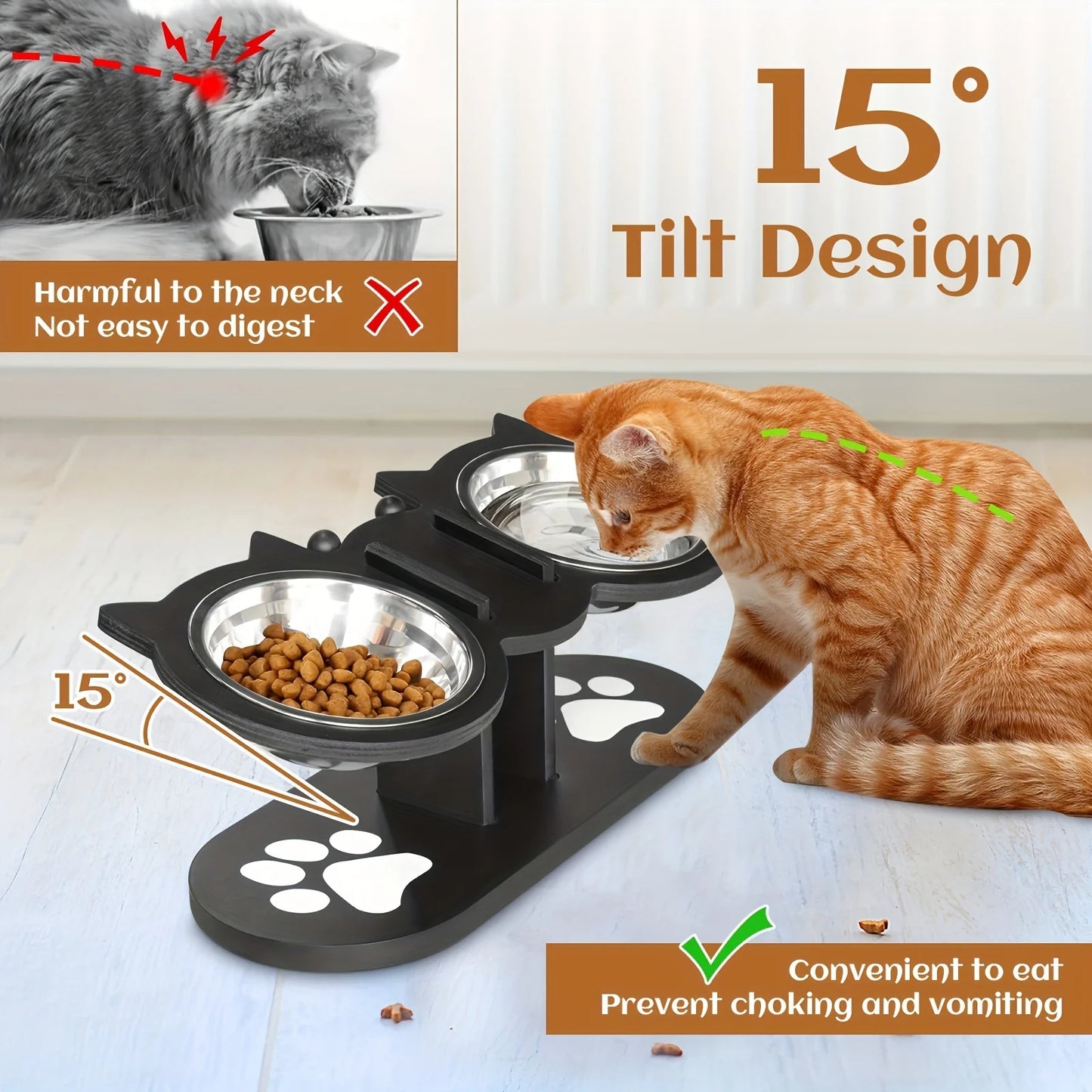 Hign-concerned Elevated Tilted Cat Bowls Set With Wooden Stand And Anti Vomiting Stainless Steel Bowls