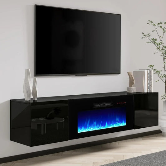 Floating TV Stand with 36" Electric Fireplace, High Gloss Finish Wall Mounted Fireplace Entertainment Center with Storage for T