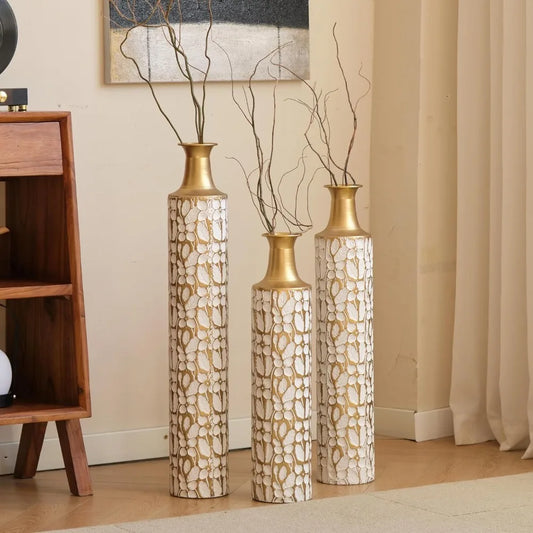 Gold Metal Vase Set of 3, Metallic Centerpiece Decorative Vases with Twigs Dried Flowers for Home Living Room32" H, 28" H, 24" H
