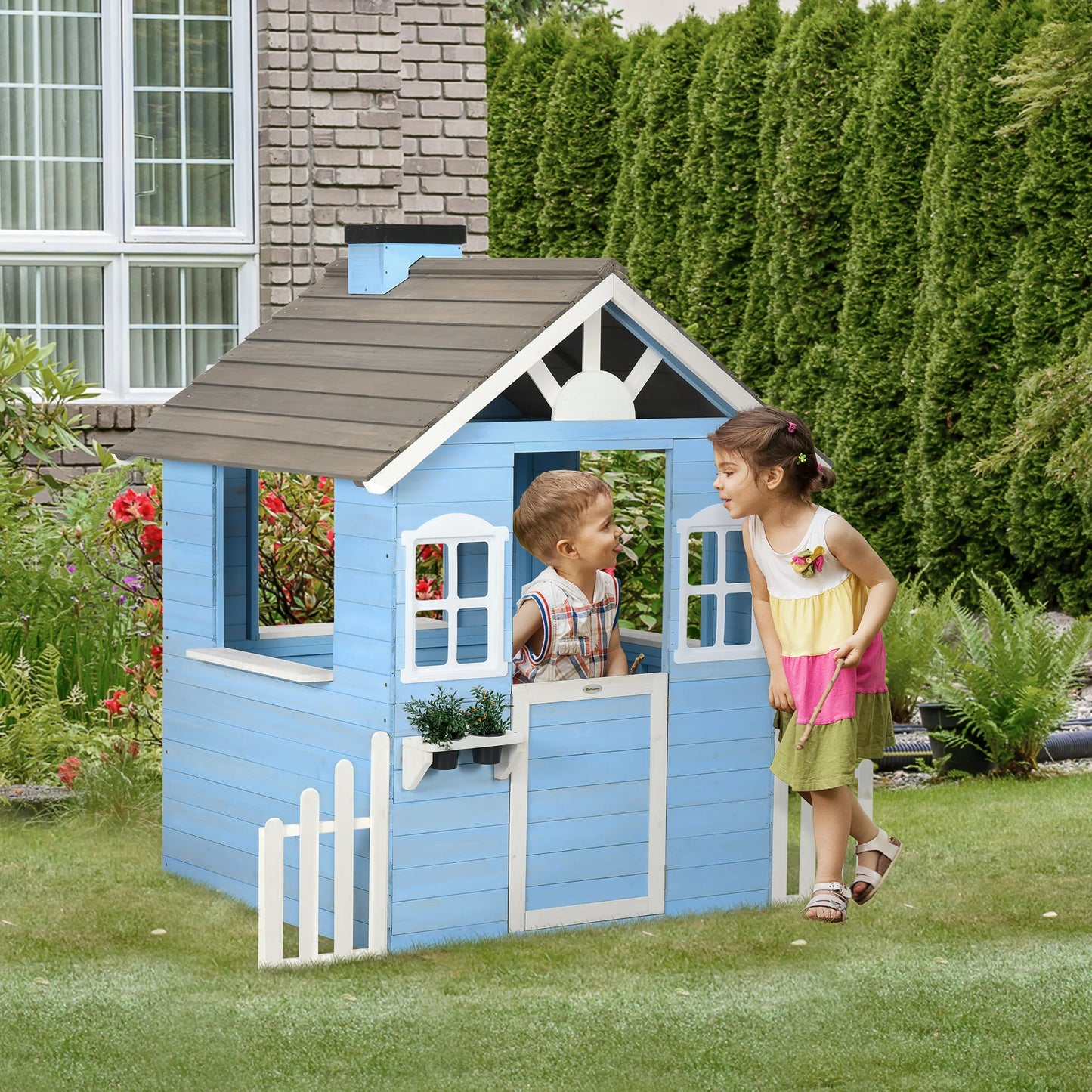 Outsunny Wooden Outdoor Playhouse for Kids with Flower Pot Holders and Windows