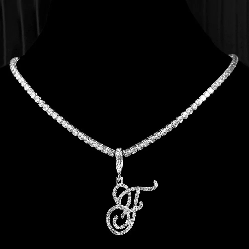 Caraquet Cursive Alphabet Name Necklace CZ Chain Pendant