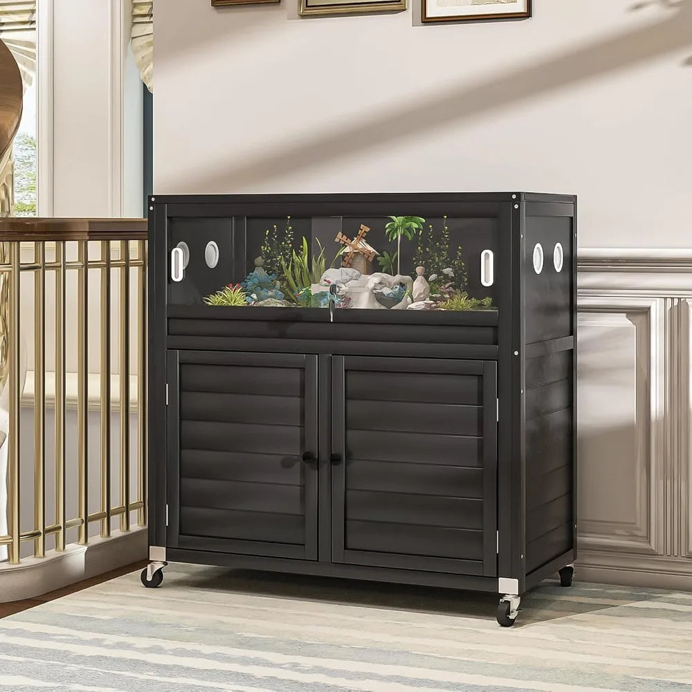 High Concerned Reptile Terrarium With Stand And Storage Cabinet Wheels And Metal Mesh Roof Door