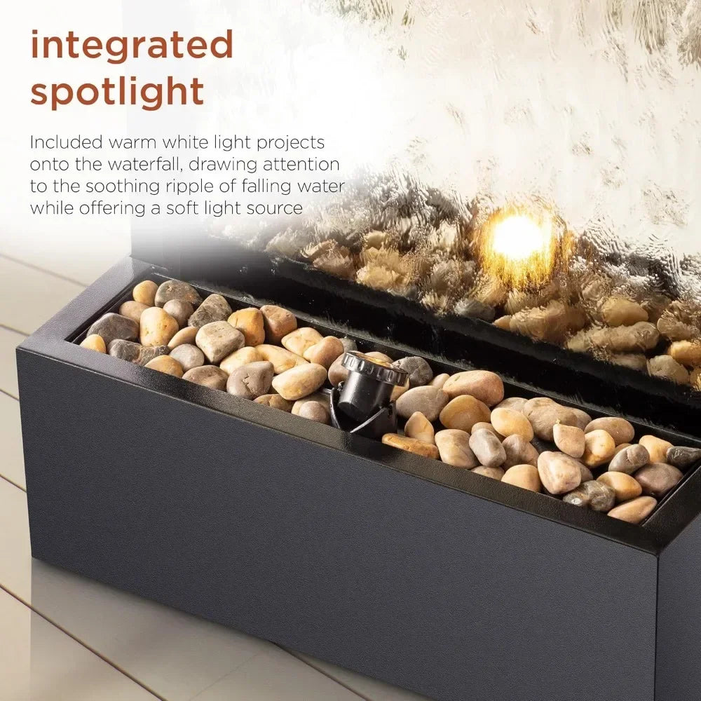 HOME.Tools.Mirror Waterfall Fountain with Stones and Lights - Zen Indoor/Outdoor Decor for Office, Living Room, Patio, Entryway