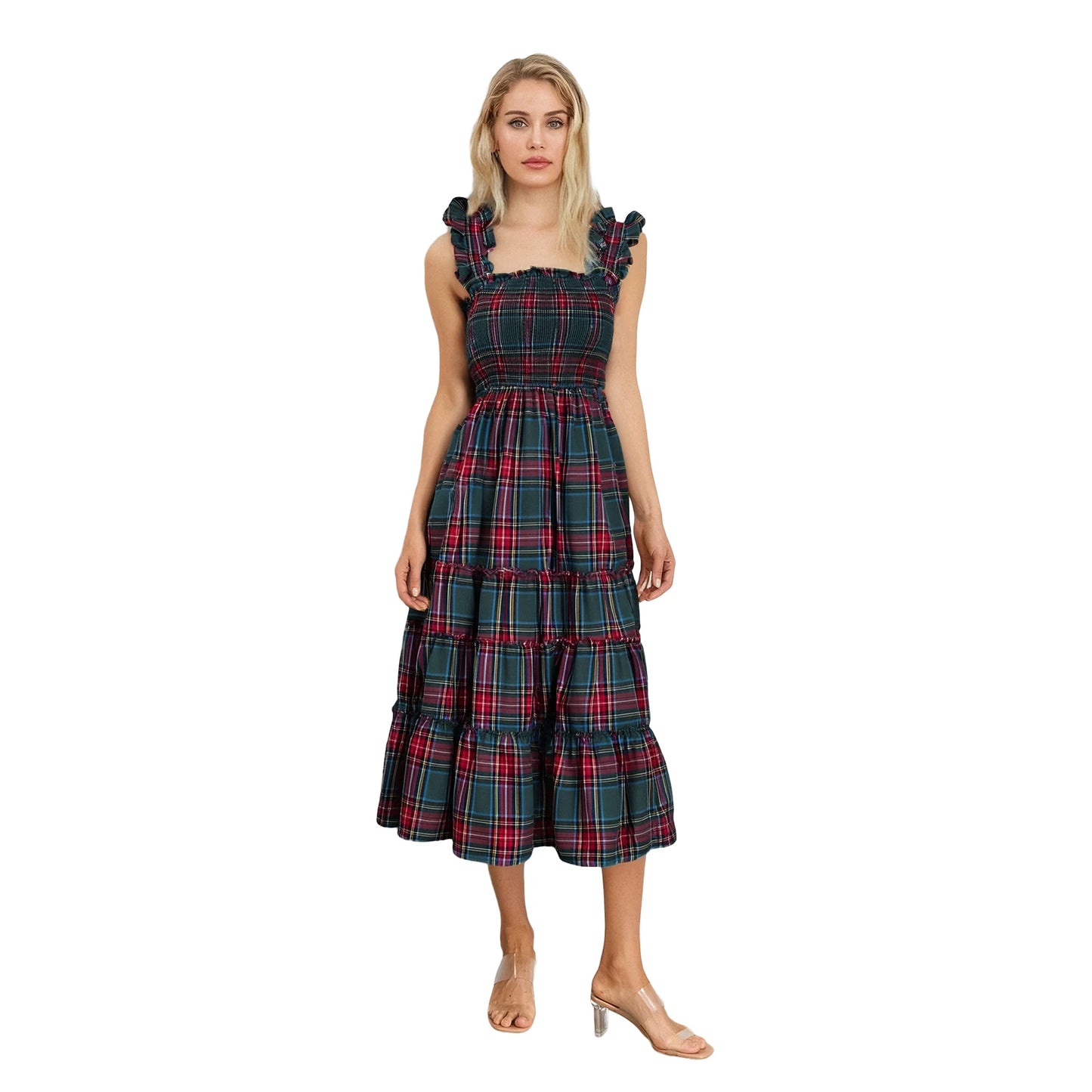 Women s Sleeveless Plaid Print Ruffled A-Line Dress with Floral Embroidery Detail for Summer Beach Party and Streetwear Fashion