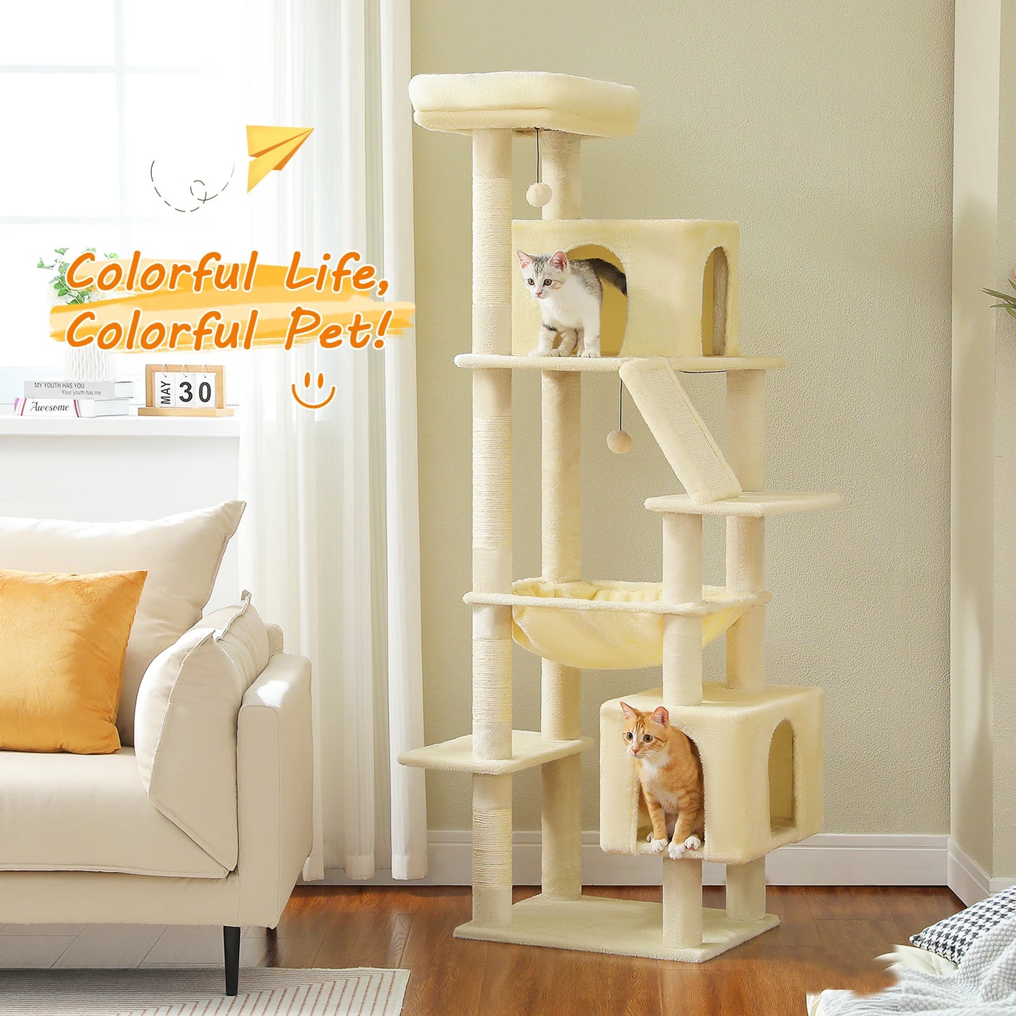 180cm Large Cat Tree Tower Home Furniture Cat Tower Pets Hammock Sisal Cat Scratching Post Climbing Frame Toy Spacious Perch