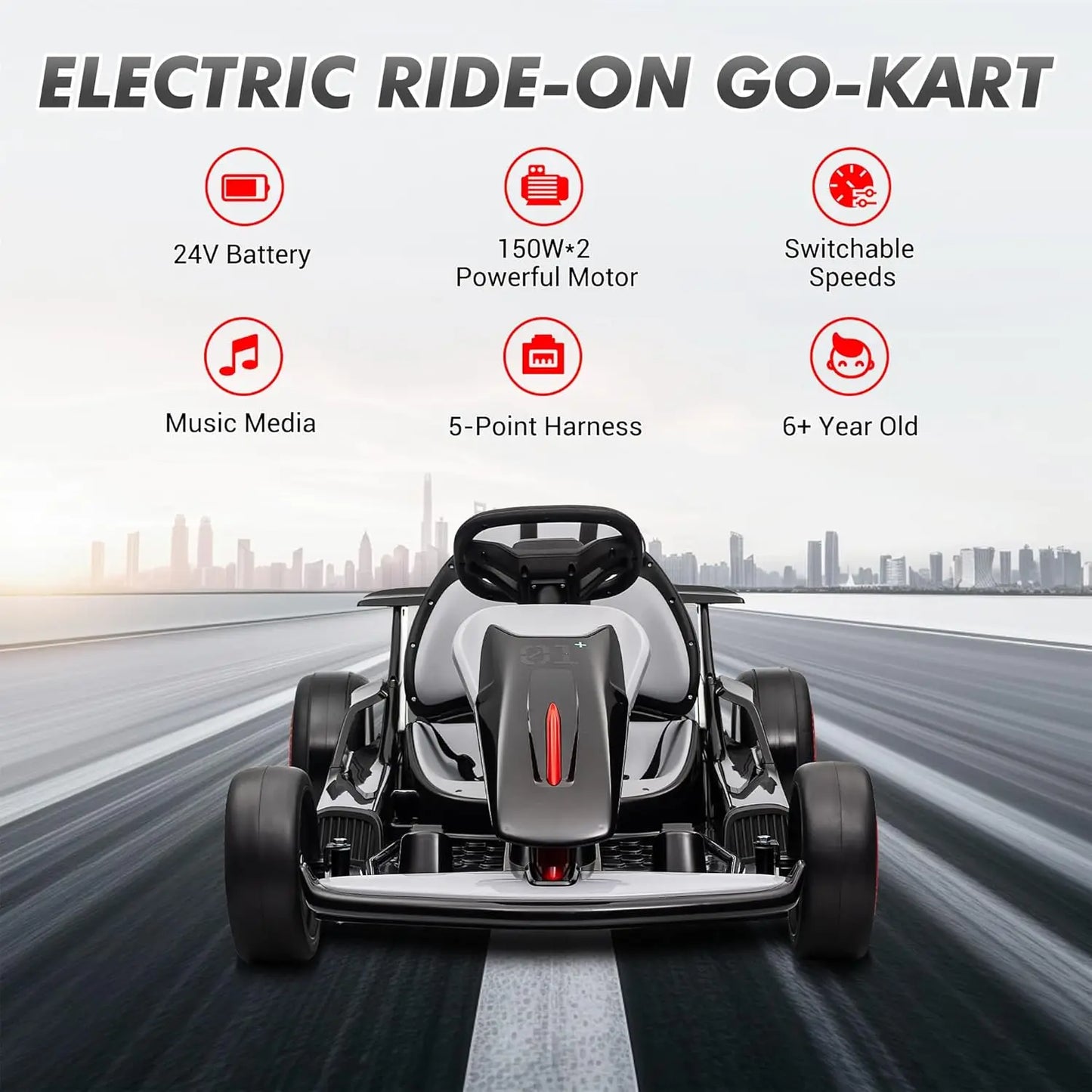 Go Kart, Electric Drift Kart Car with Adjustable Seat 24V 7Ah Outdoor Ride On Toy 2 * 200W Motor, 8.1 MPH, LED Lights 6-12 Years