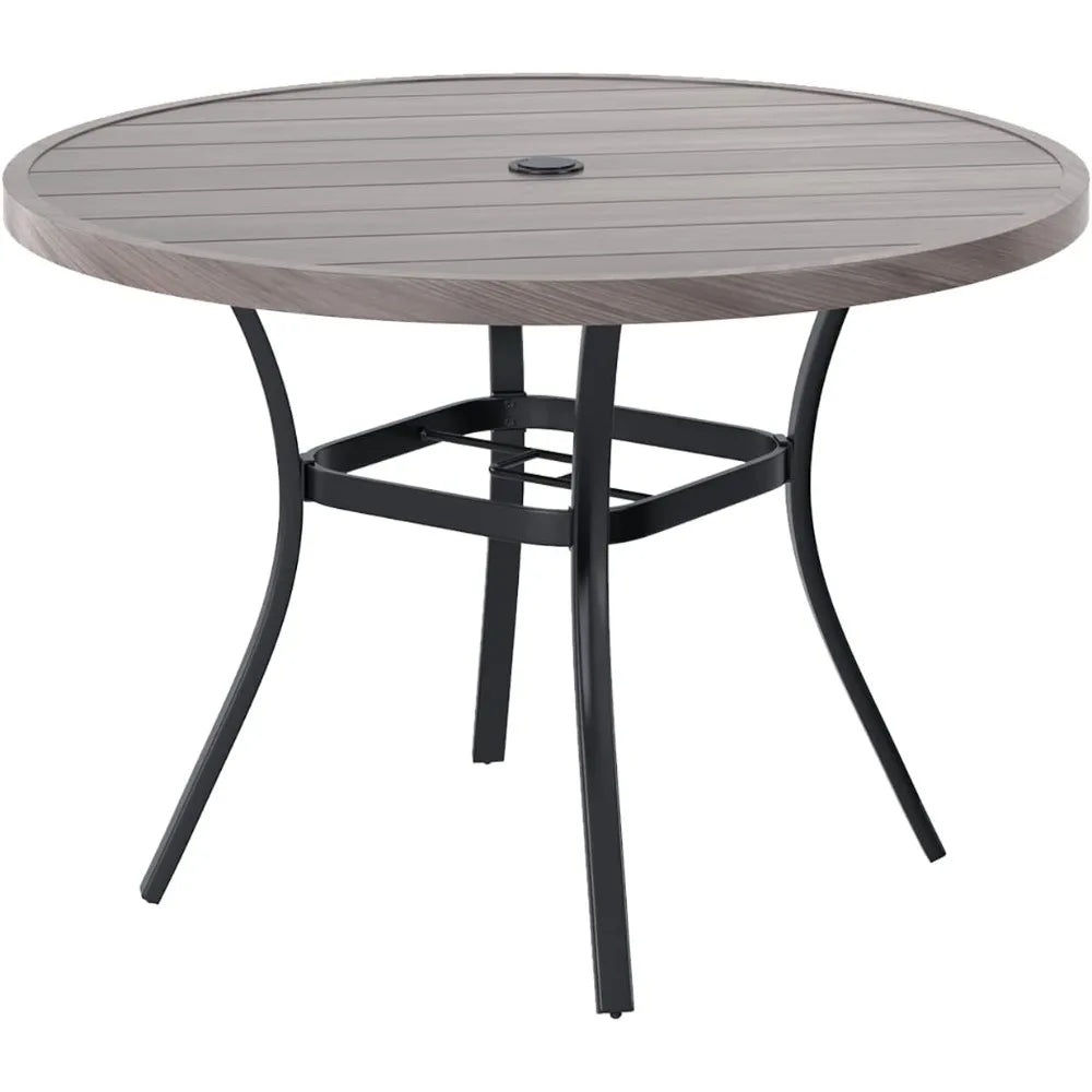 Round Patio Table with Adjustable Umbrella Hole, All Weather Outdoor Round Dining Table for Lawn Garden, 41.2"x 28" Grey Wood-L
