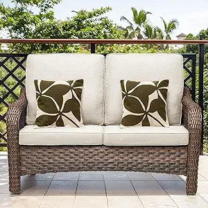 Patio Loveseat, 2 Seater Wicker Small Patio Couch Sofa with Cushions, Outdoor Patio Rattan Loveseat Sofa for Sun Porch Deck Pati