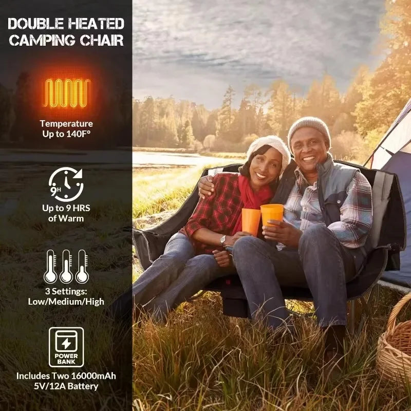 Home.Heated Double Camping Chair, 2-Person Folding Chair with 12V 16000mAh Battery Pack, Heated Portable Loveseat Chair