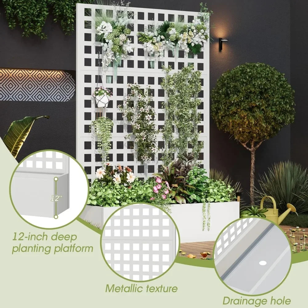 Metal Planter Box with Trellis, 71"x 47"x 16" Raised Garden Bed with Trellis, Planter Box Trellis with Privacy Screen and Draina