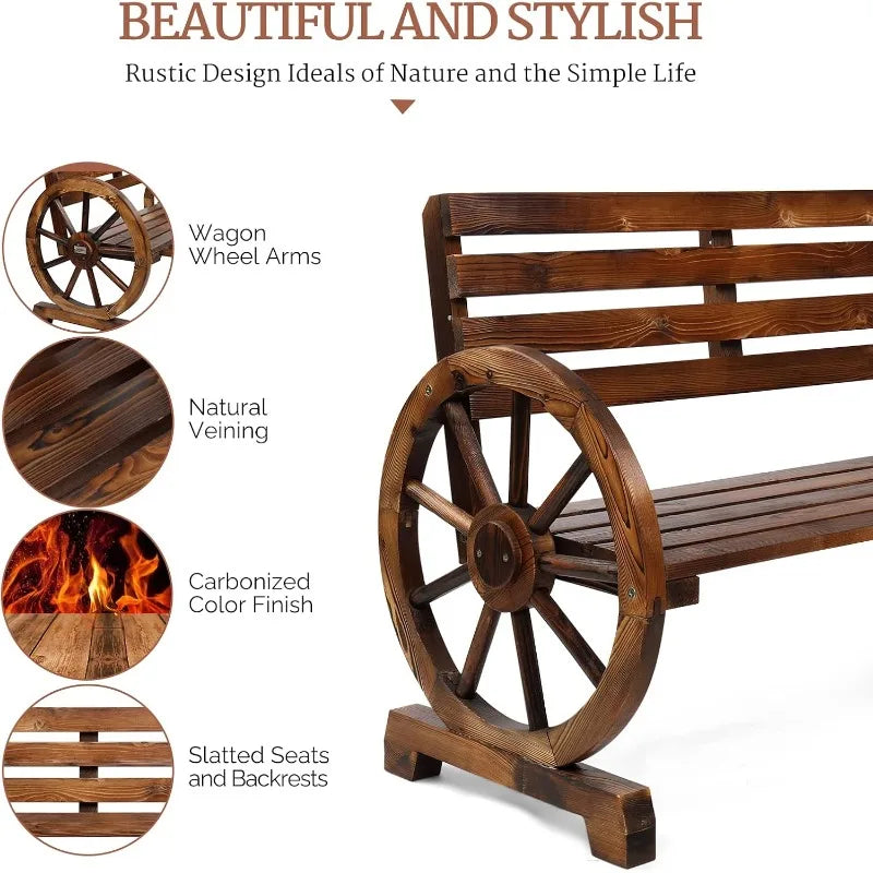 41" Rustic Wooden Wheel Bench Outdoor Bench,2-Person Patio Bench Wagon Slatted Seat,Garden Benches Outdoors 350lbs High Capacity