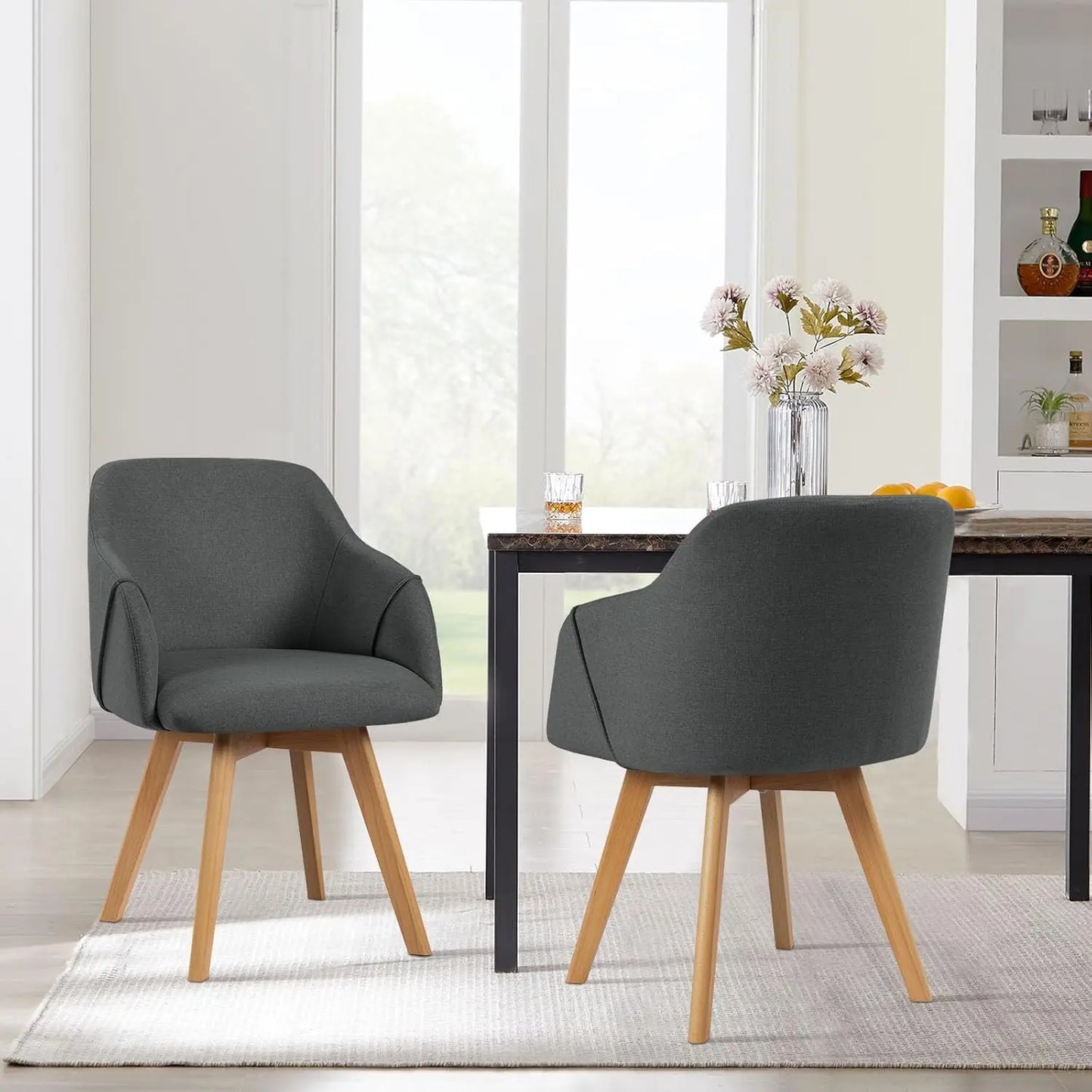 Swivel Dining Chairs with Arm, Set of 2, Modern Linen Fabric Upholstered Kitchen Dining Room Chairs, Swivel Accent Desk Chairs