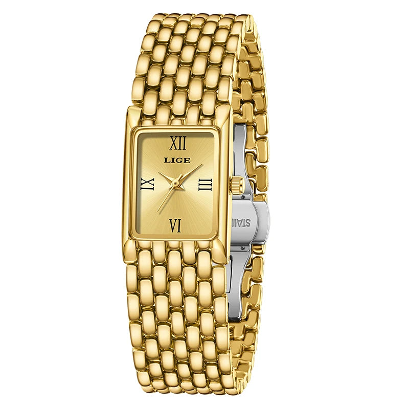 LIGE Retro Rectangle Womens Stainless Steel Quartz Watch