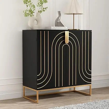 Accent Wood Grain Cabinet with 2 Doors, Storage Cabinet Sideboard with Gold Metal Legs for Living Room,Entryway and Kitchen Din