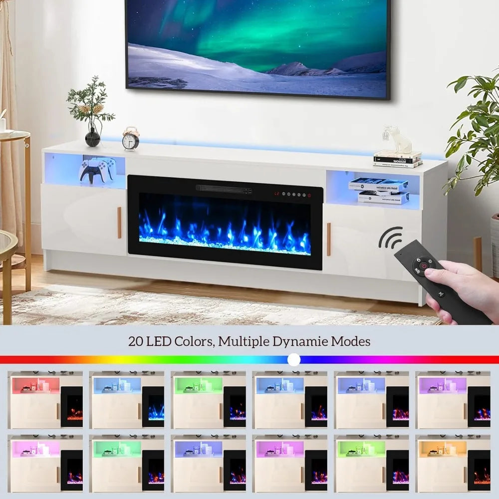 Electric Fireplace TV Stand with 36 inch Fireplace Up to 80" TVs-Led Entertainment Center with Outlet, High Glossy Doors-70 inc