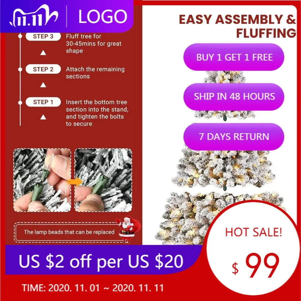 XMSJ Flocked Spruce Christmas Tree With 300 Incandescent Lights Stand