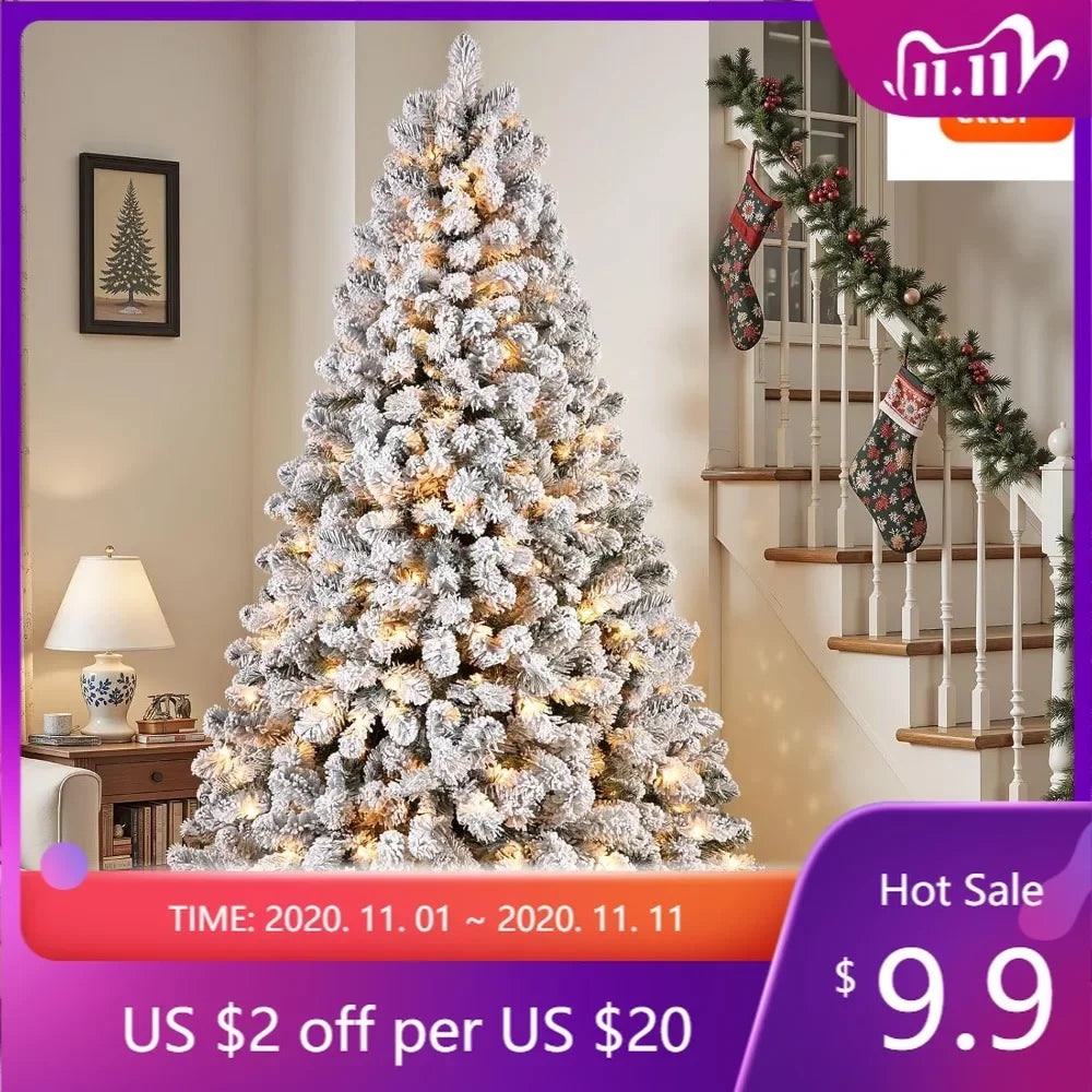 XMSJ Flocked Spruce Christmas Tree With 300 Incandescent Lights Stand