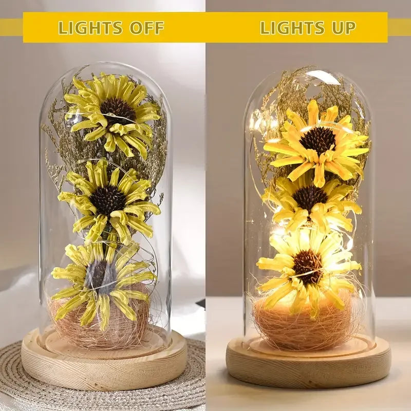 Hign-concerned Sunflower Glass Dome LED Strip Decoration Gift For Mothers Day And Valentines Day