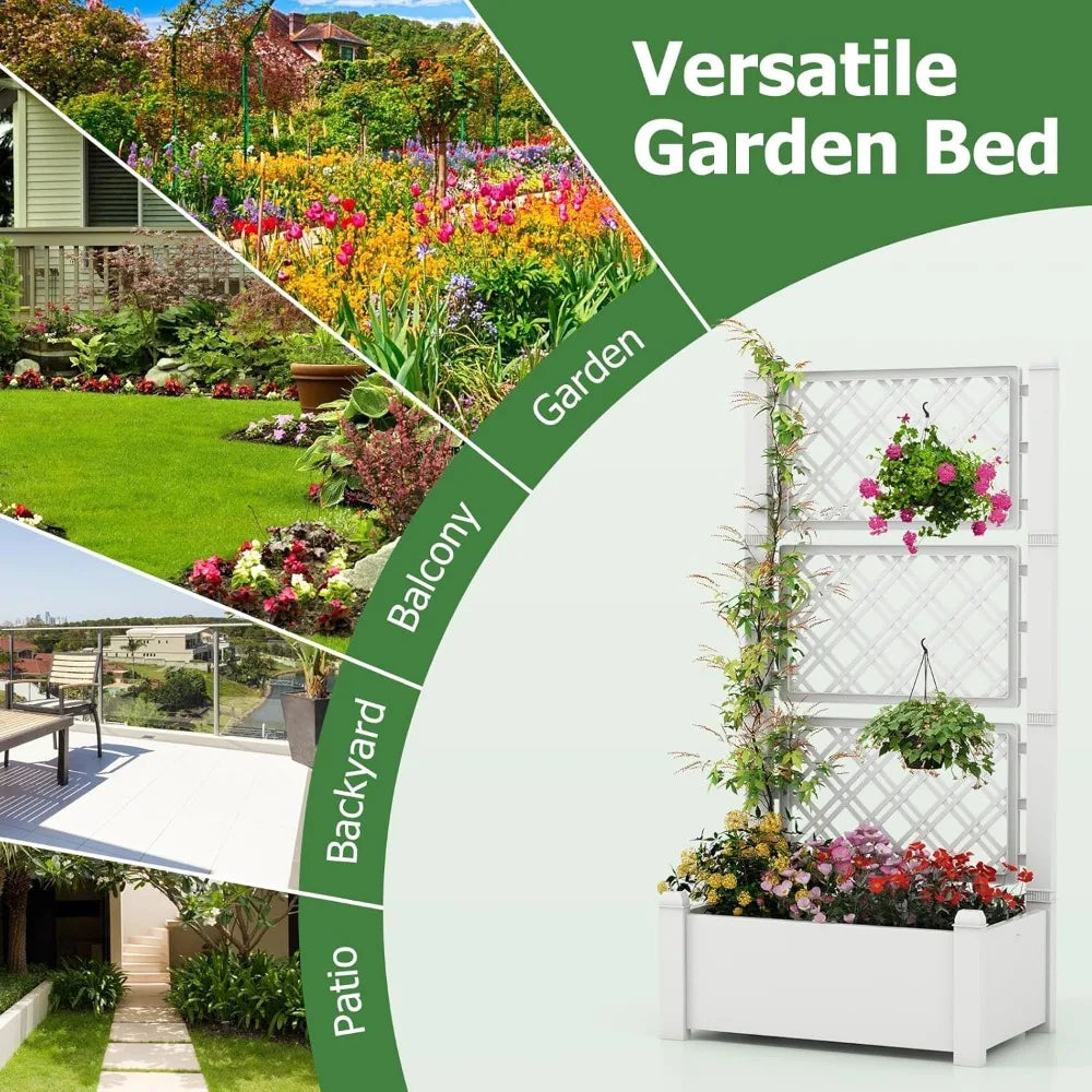 Self Watering Raised Garden Bed, Garden Planter Box with 59" Lattice Trellis, Drainage Hole & Water Level Indicator, Outdoor Sta