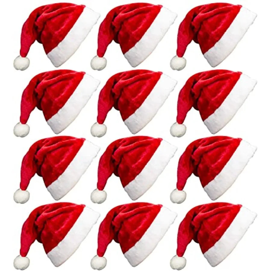 12 Pack Plush Santa Hats For Teens And Adults Holiday