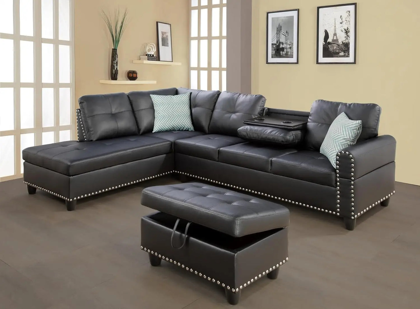 XMSJ Sectional Sofa Modern PremiumQuality SyntheticLeather Living Room Chaise Ottoman