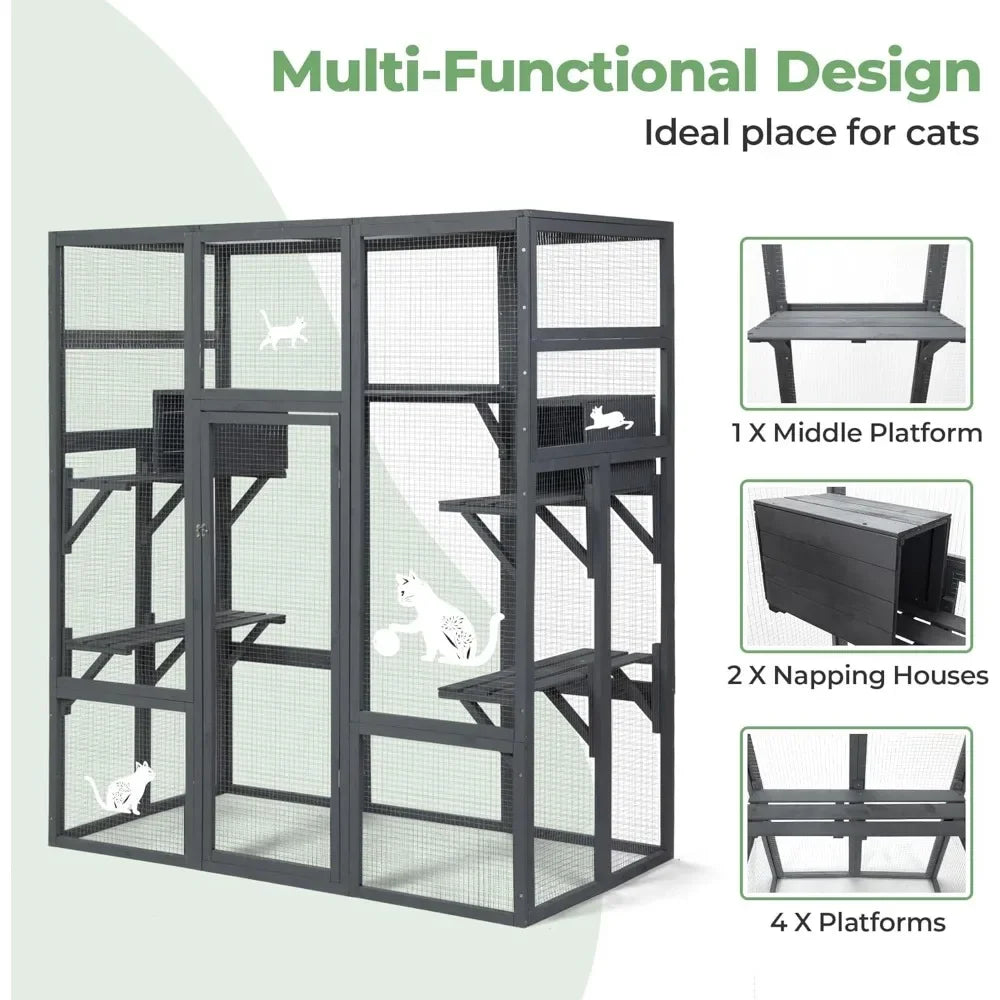 70Inches Large Stable Spacious Wooden Catio Outdoor Cat Enclosure with Perches and Condos, Cat Cage Indoor with Waterproof Roof