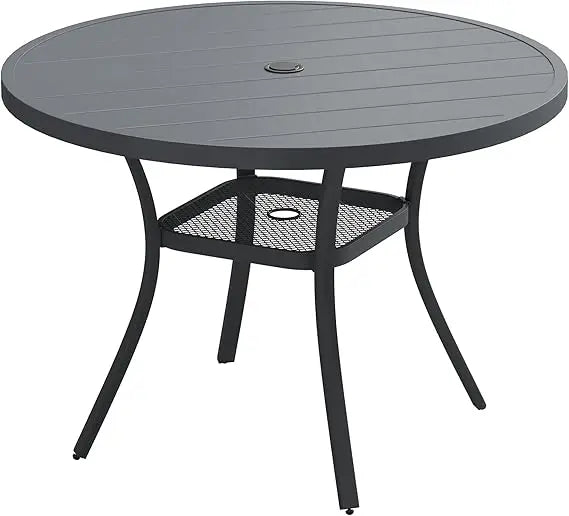 Round Patio Table with Adjustable Umbrella Hole, All Weather Outdoor Round Dining Table for Lawn Garden, 41.2"x 28" Grey Wood-L