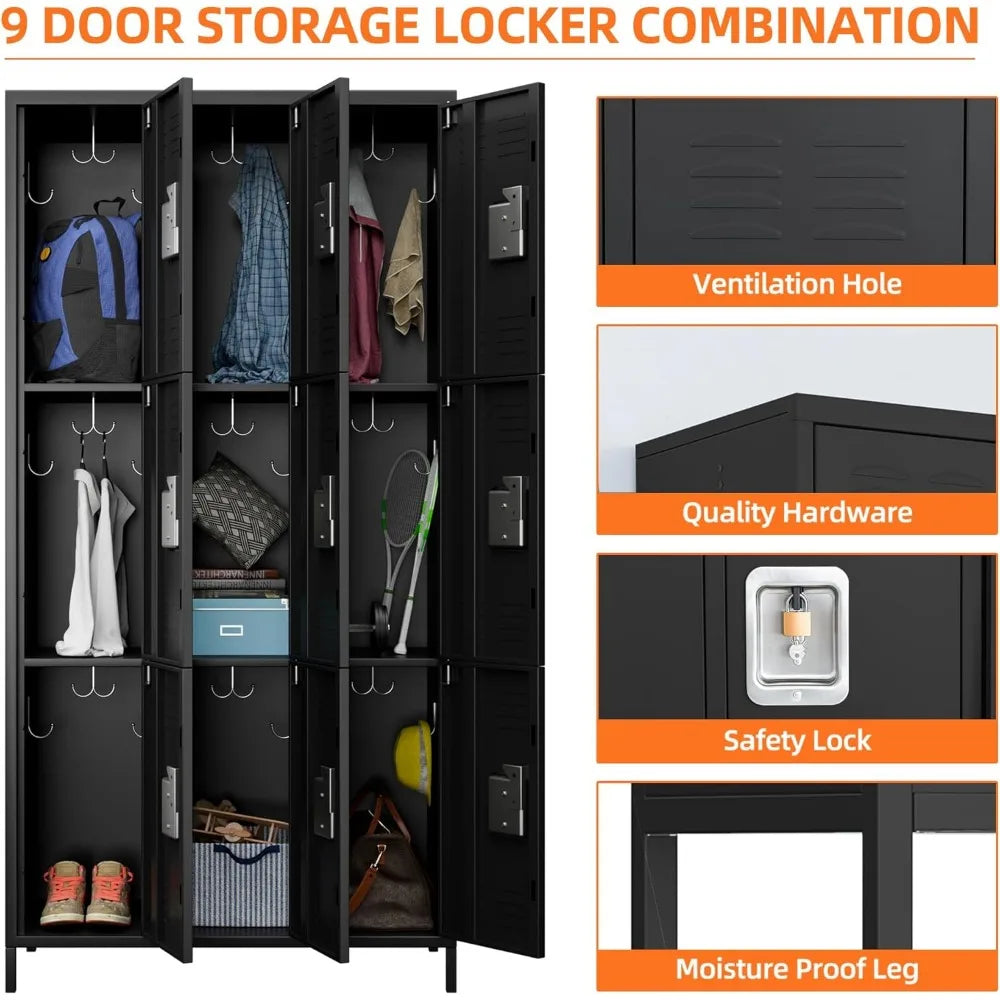 Locker Organizer with 9 Doors, Metal Lockers for Employees, Storage Steel Organizer for School, Metal Storage Cabinet for Gym, O