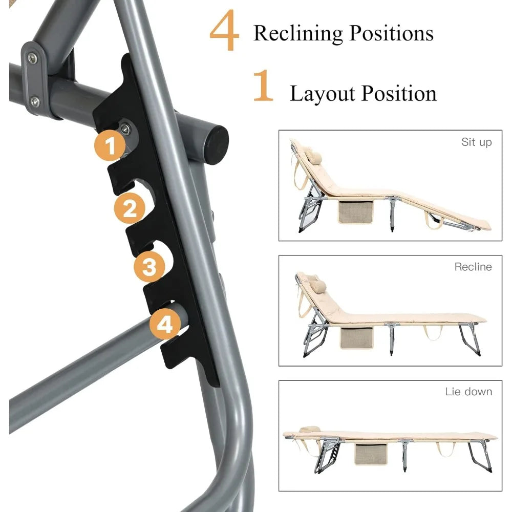 Camping Cot, 27” Lounge Chair Outdoor w/Mattress, Headrest, Side Pocket & Carry Strap, 3 in 1 Folding Layout Tanning Loung|