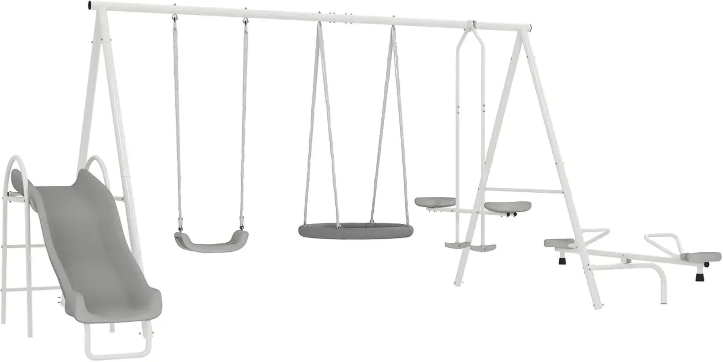 Swing Set for Backyard 5 in 1 Heavy Duty A Frame Playset with Saucer Swing Slide