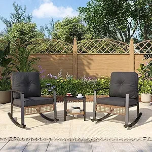 3-Piece Outdoor Rocking Bistro Set, Patio Furniture Set with Coffee Table and Thick Cushions, Wicker Rocking Chairs Set of 2 fo