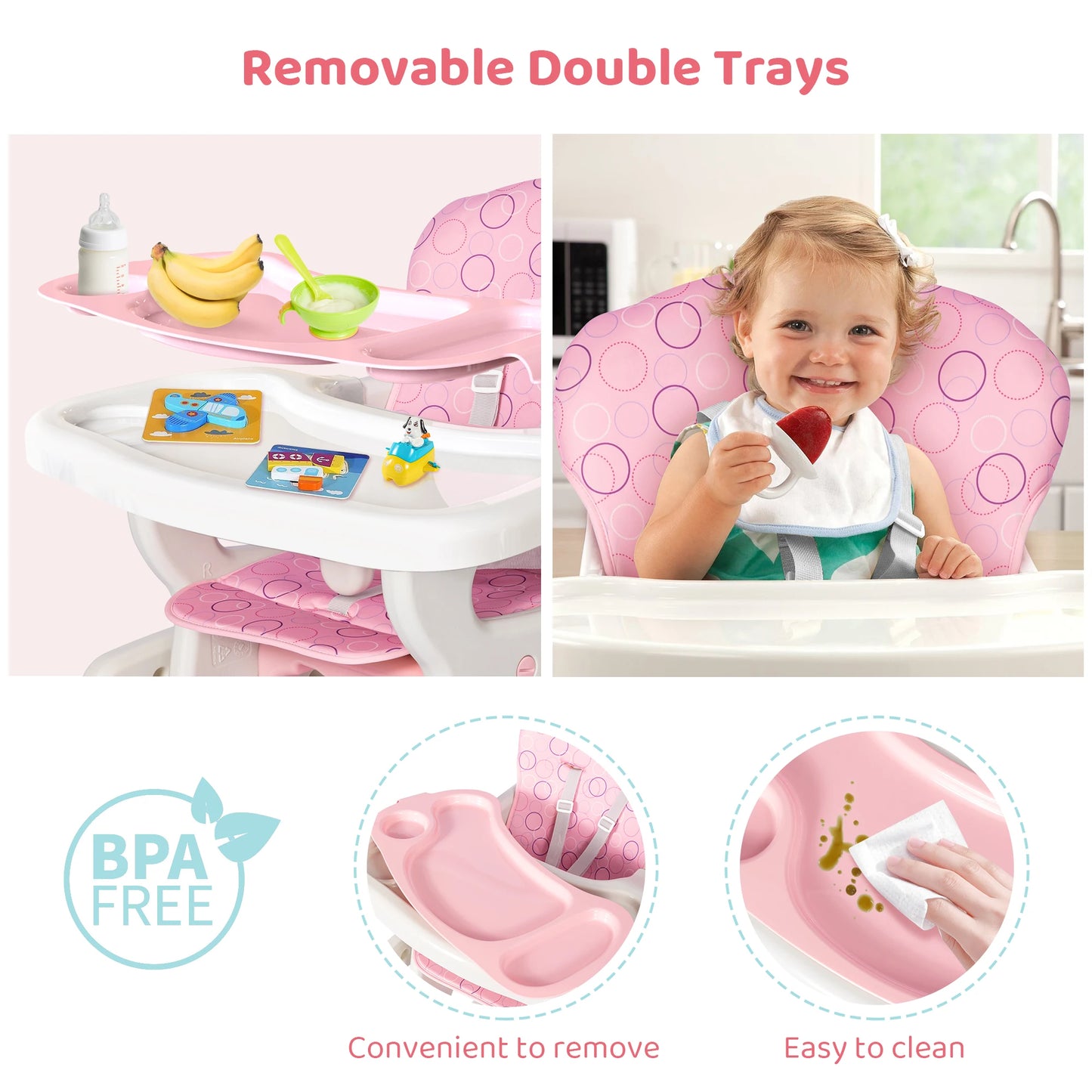 Baby High Chair Foldable  &  2-in-1 with Table Footrest, Detachable Double Tray, Easy to Clean Feeding Detachable Highchair