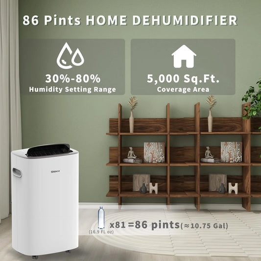Shinco 86 Pints Dehumidifier for Home and Basements, 5000 Sq.Ft Dehumidifiers with Drain Hose, Auto or Manual Drainage