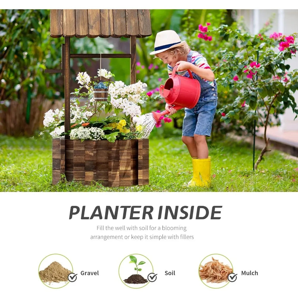 oneinmil Outdoor Wooden Wishing Well Planter with Hanging Bucket for Flower and Plants, Home Decor for Patio,Garden, Yard,25.6"