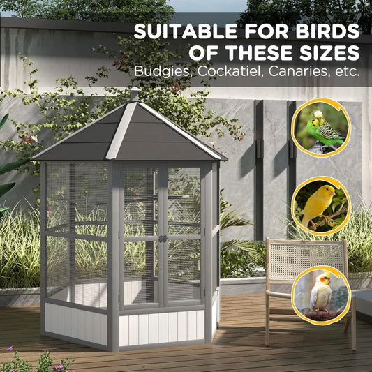 Wooden Hexagonal Outdoor Aviary Cage With WeatherproofDurableFinish Roof For Birds