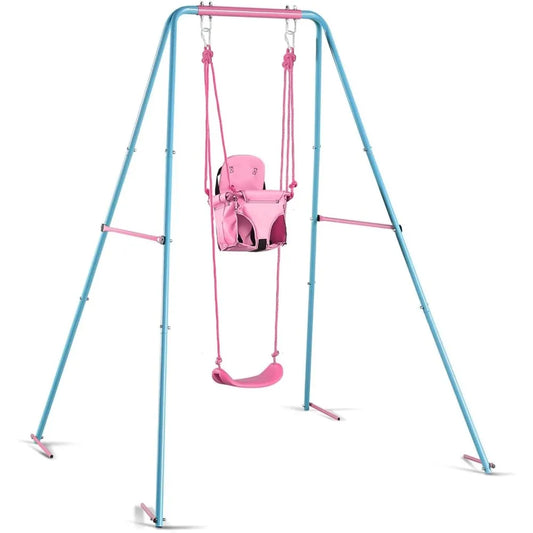 Outdoor Swing Set for Kids with Waterproof Metal Frame and Two Seats
