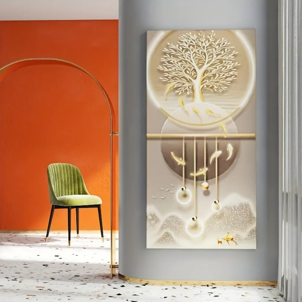 1.5 inch solid wood frame large canvas painting, home decor, Moon Fortune Deer tree canvas poster, interior decor