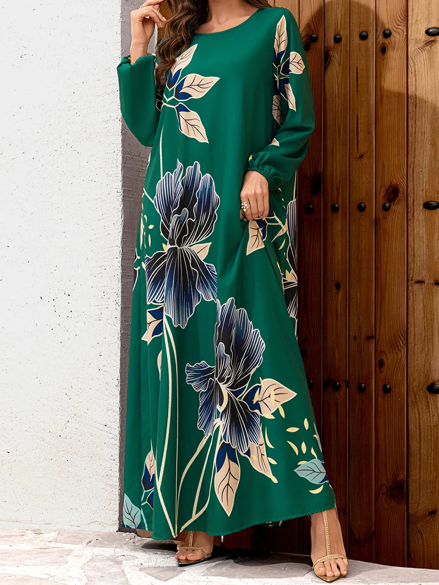 Elegant Floral Print Maxi Dress with Flowy Silhouette and Long Sleeves Inspired by Middle Eastern Fashion Trends