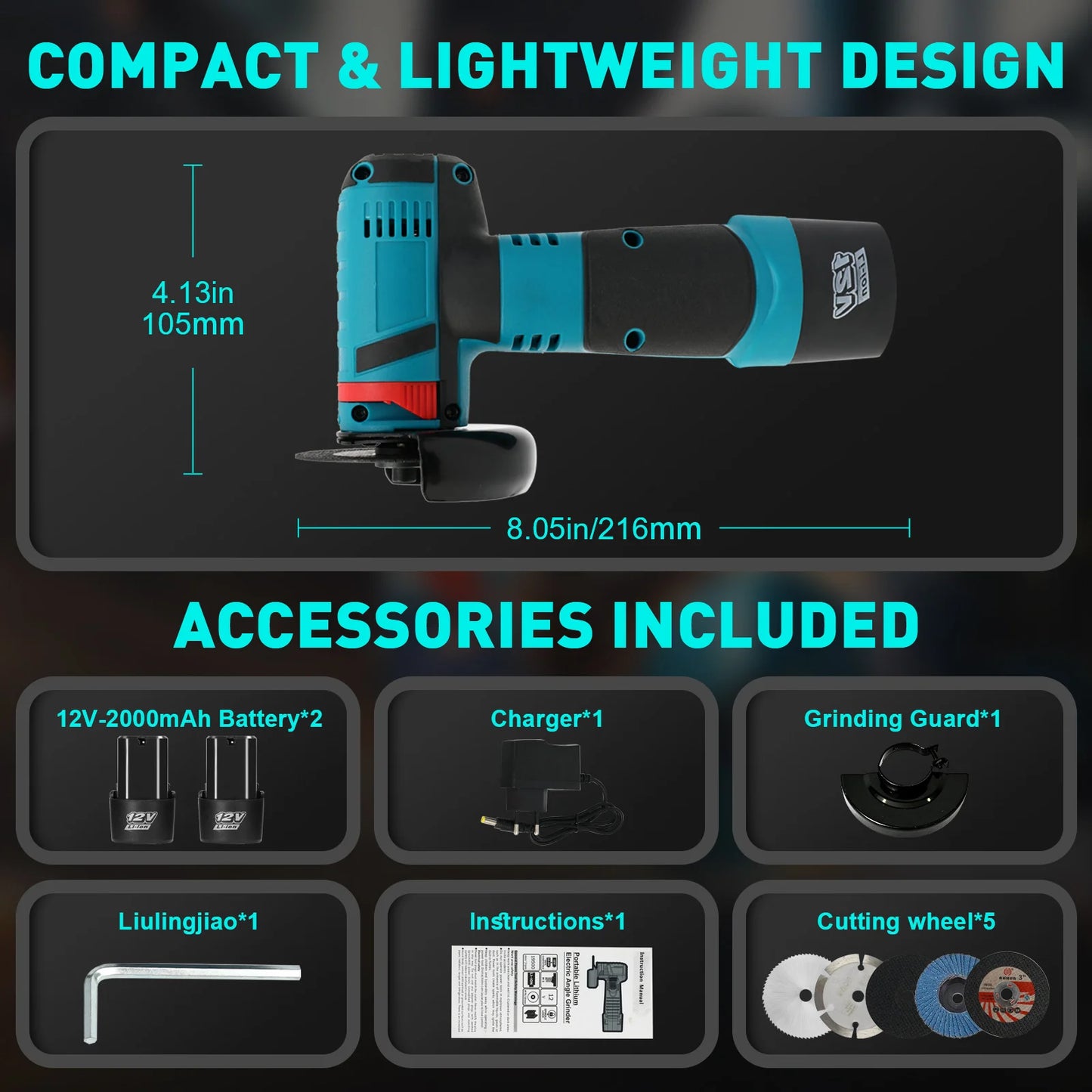 Cordless Angle Grinder Polisher 12V Brushless With 2 Batteries Charger