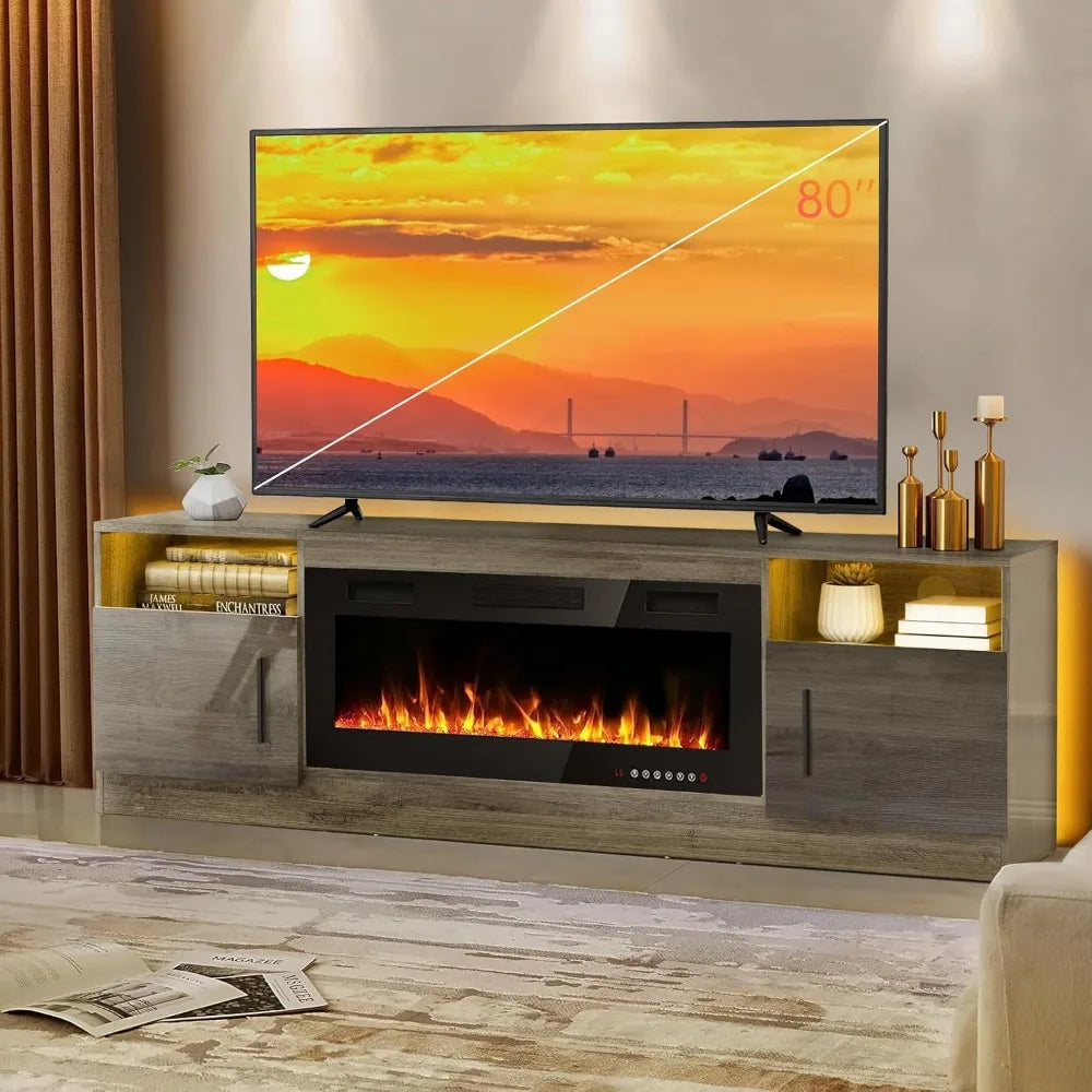 Lemberi Fireplace tv Stand with 36 inch Fireplace Up to 80" TVs,LED Light Entertainment Center and Storage, 70" Modern Wood Medi