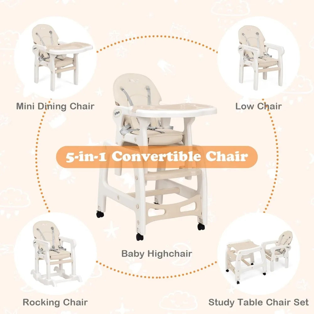 5 in 1 Baby High Chair, Convertible Toddler Table Chair Set, Rocking Chair, Multi-Function Seat with Lockable Universal Wheels